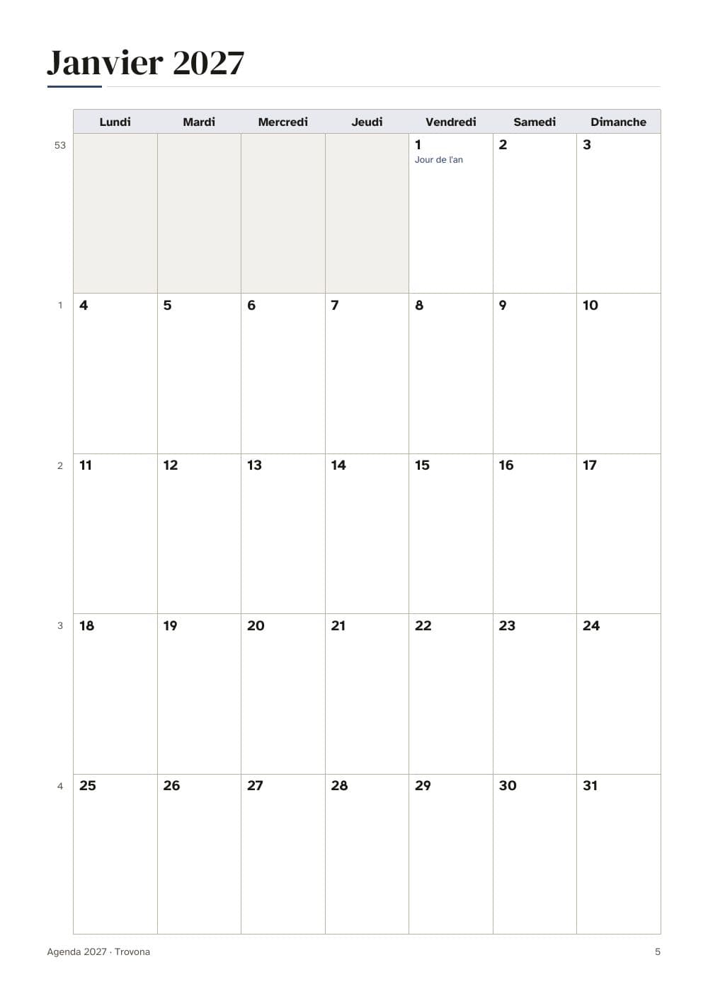 January 2027: the month on one page: page 5 of 2027 planner: year, month and week, with French and Belgian holidays (in French)