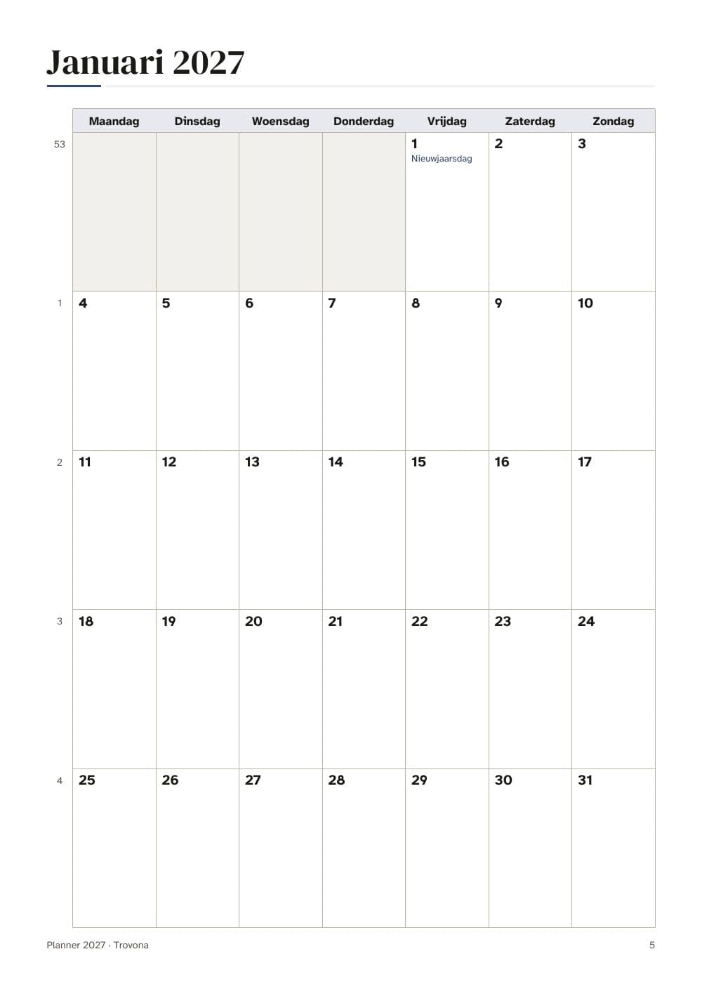 January 2027: the month on one page: page 5 of 2027 planner: year, month and week, with Dutch and Belgian holidays (in Dutch)