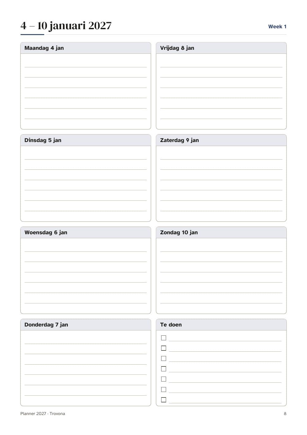 A week page: the first full week of January: page 8 of 2027 planner: year, month and week, with Dutch and Belgian holidays (in Dutch)