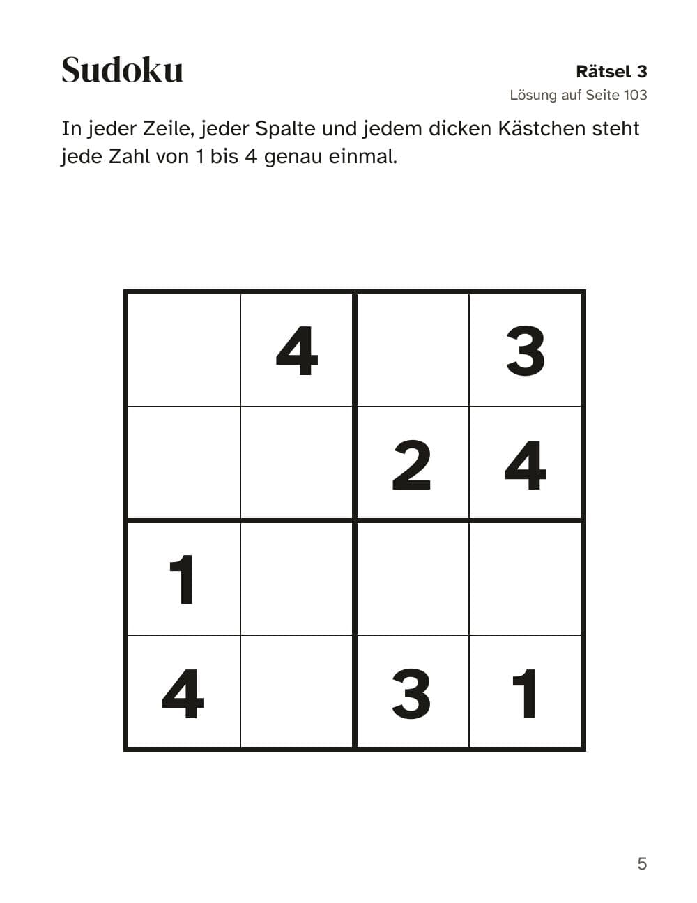 Sudoku avec les chiffres 1 à 4 (jeu 3) : page 5 de Cahier de jeux pour enfants dès 6 ans : 100 jeux (en allemand)