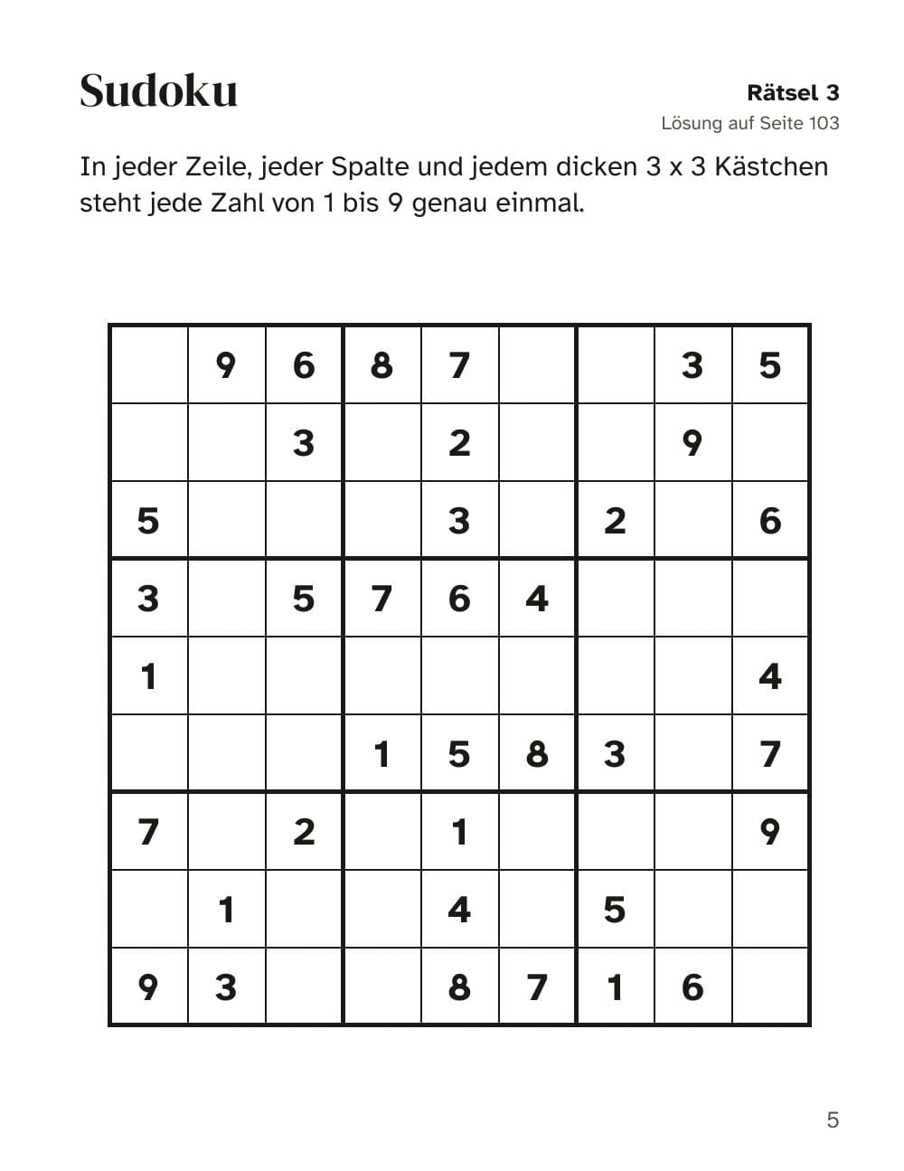 Sudoku mit den Zahlen 1 bis 9 (Rätsel 3): Seite 5 aus Rätselblock für Kinder ab 9 Jahren: 100 Rätsel
