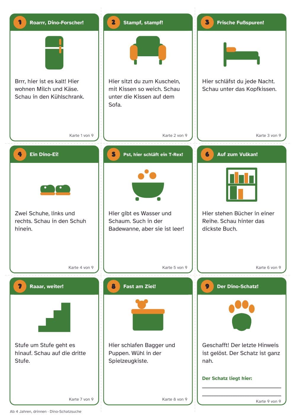 Page 4 of the pack: page 4 of Dino treasure hunt for a kid's birthday: 36 clue cards, map and certificate (in German)