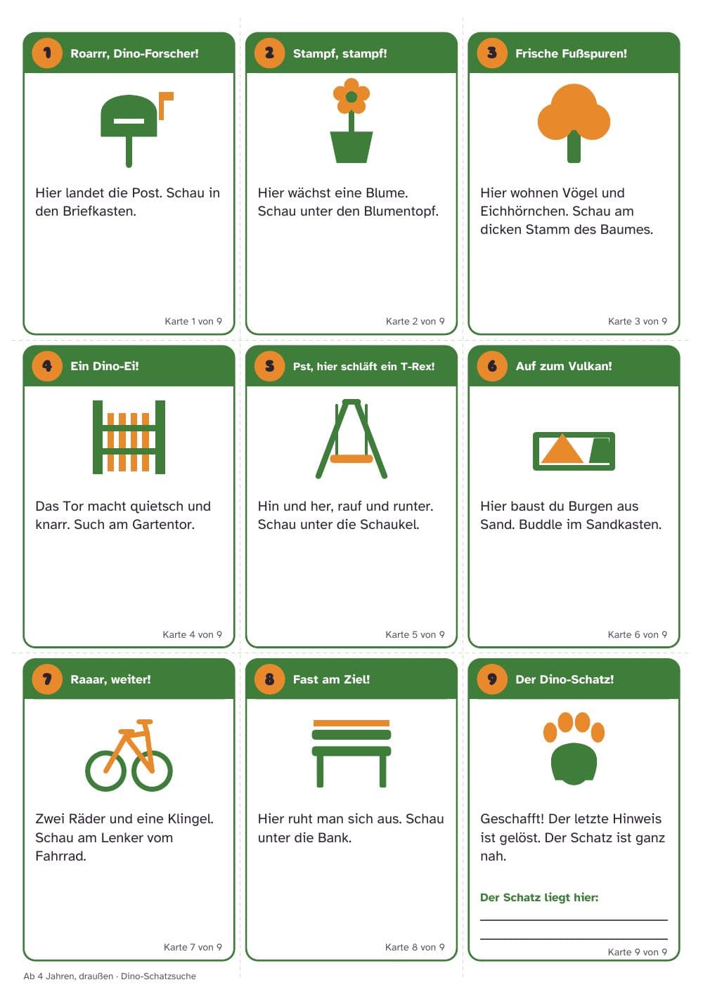 Page 5 of the pack: page 5 of Dino treasure hunt for a kid's birthday: 36 clue cards, map and certificate (in German)