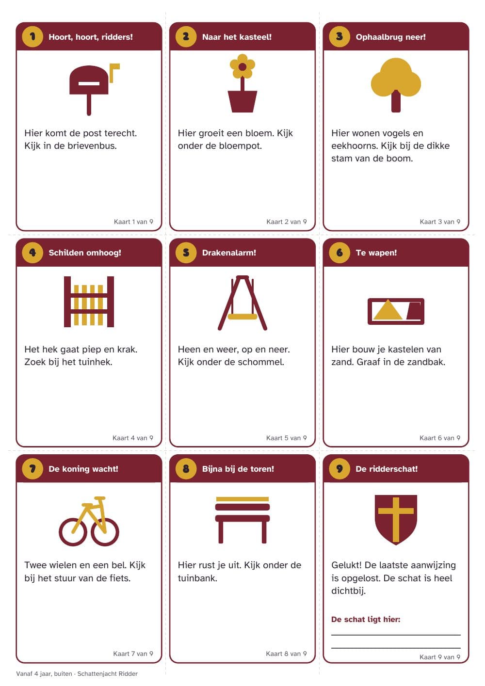 Seite 5 des Pakets: Seite 5 aus Schatzsuche zum Kindergeburtstag, Thema Ritter: 36 Hinweiskarten, Schatzkarte und Urkunde (auf Niederländisch)