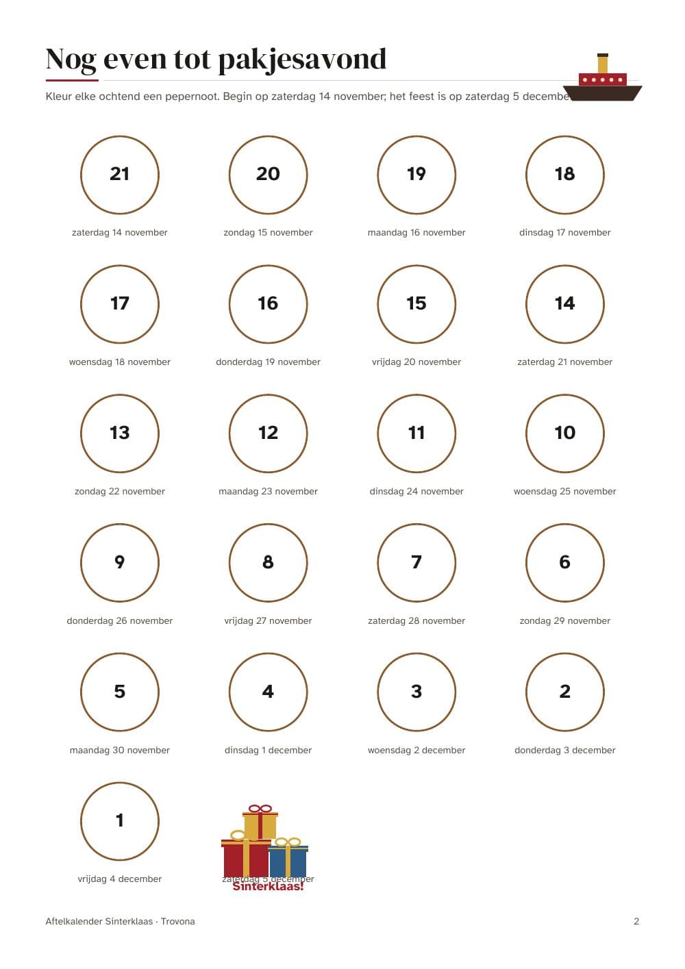 Seite 2 des Pakets: Seite 2 aus Sinterklaas-Countdown: jeden Tag eine Pepernoot ausmalen (auf Niederländisch)