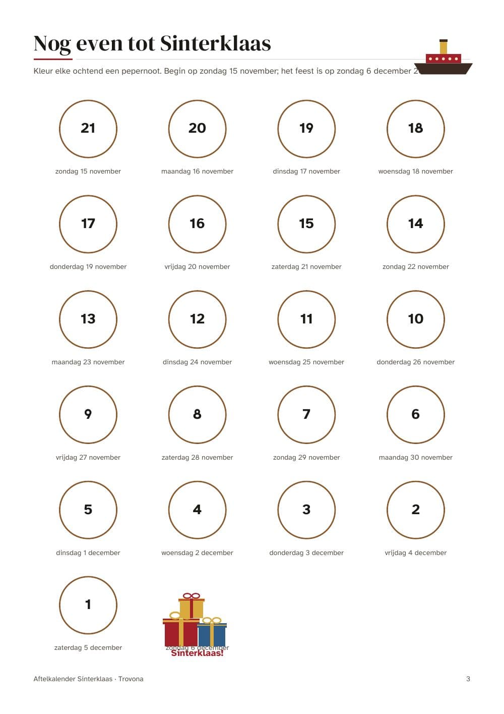 Seite 3 des Pakets: Seite 3 aus Sinterklaas-Countdown: jeden Tag eine Pepernoot ausmalen (auf Niederländisch)