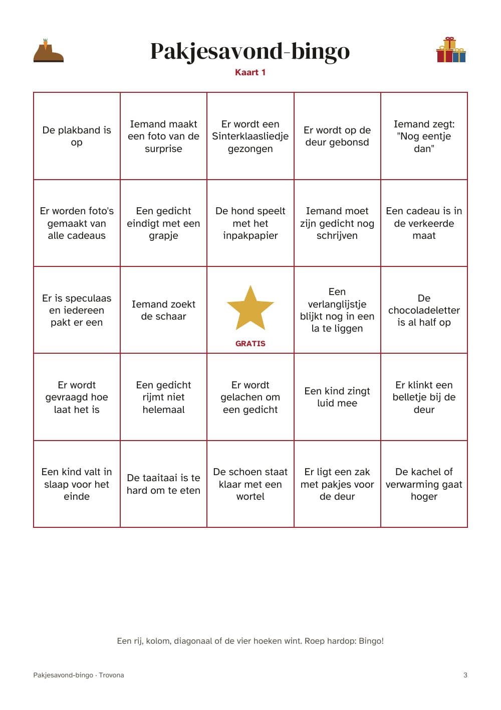 Seite 3 des Pakets: Seite 3 aus Pakjesavond-Bingo für die ganze Familie: 16 Karten mit Momenten (auf Niederländisch)