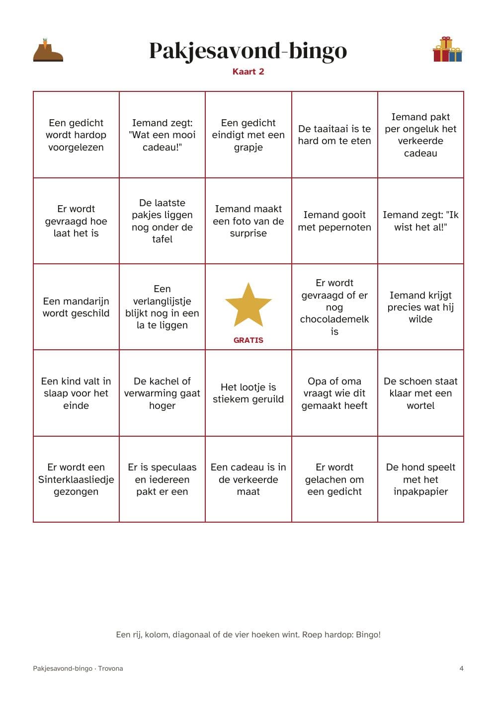 Seite 4 des Pakets: Seite 4 aus Pakjesavond-Bingo für die ganze Familie: 16 Karten mit Momenten (auf Niederländisch)