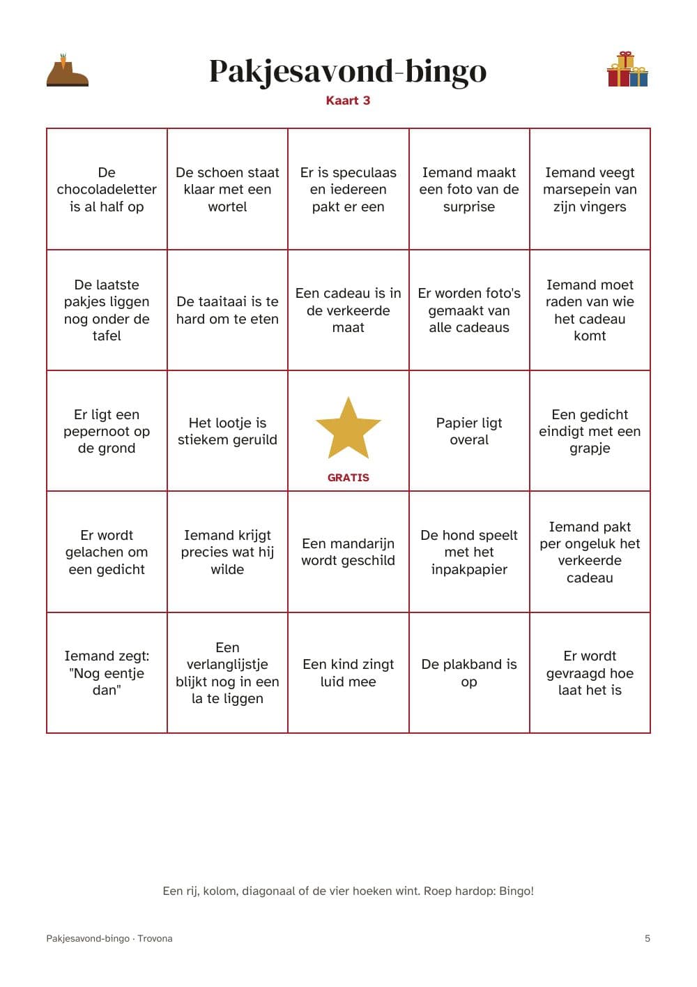 Seite 5 des Pakets: Seite 5 aus Pakjesavond-Bingo für die ganze Familie: 16 Karten mit Momenten (auf Niederländisch)