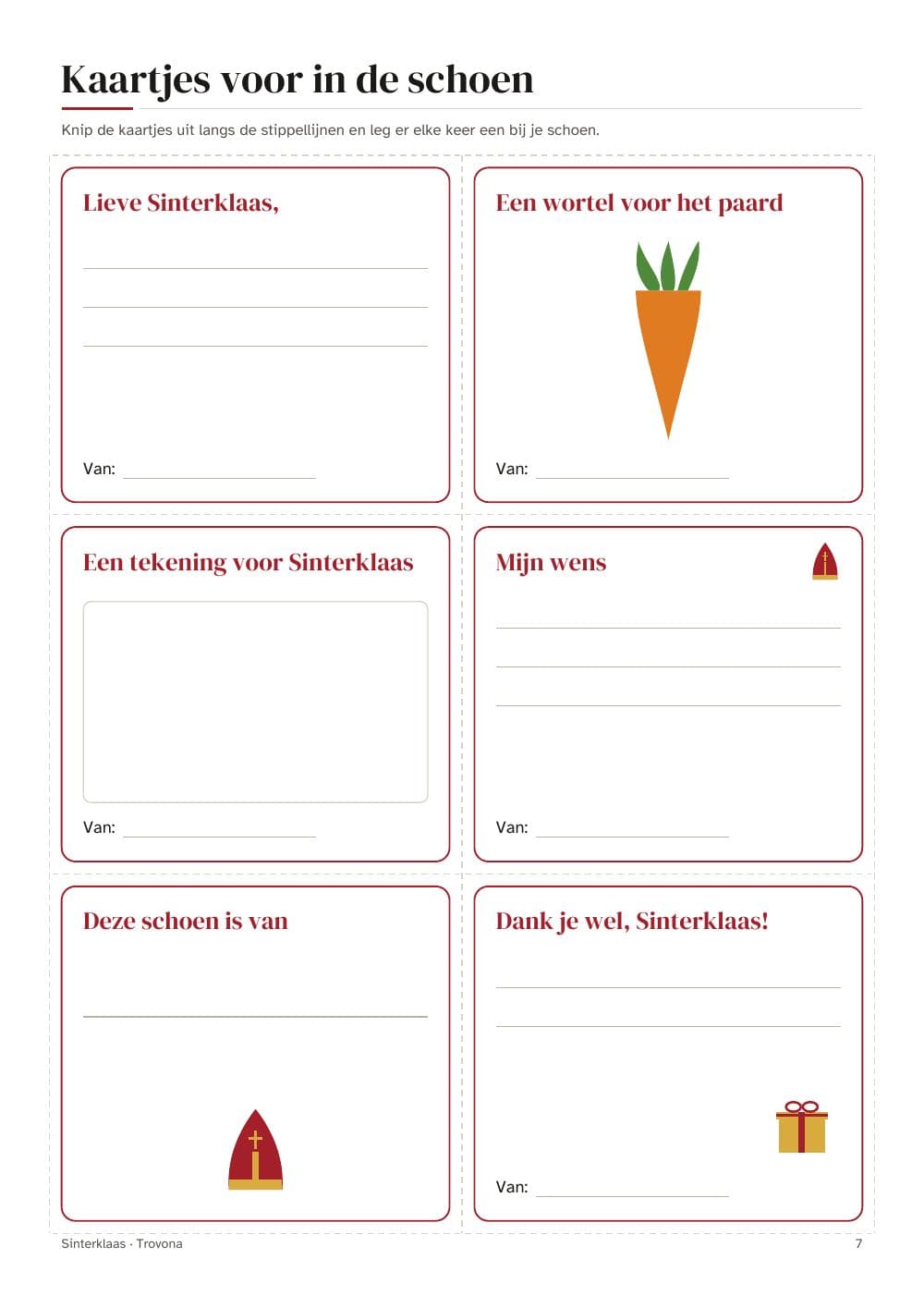 Cartes pour la chaussure : six cartes à découper : page 7 de Saint-Nicolas à imprimer : listes de souhaits, comptes à rebours, cartes pour la chaussure et tirage au sort (en néerlandais)
