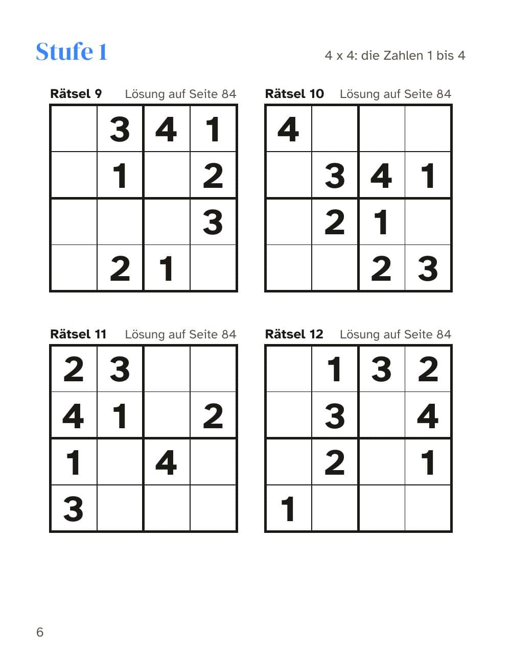 Niveau 1 : grilles 9 à 12 : page 6 de Sudoku pour enfants dès 6 ans : 200 grilles faciles de 4x4 et 6x6 (en allemand)
