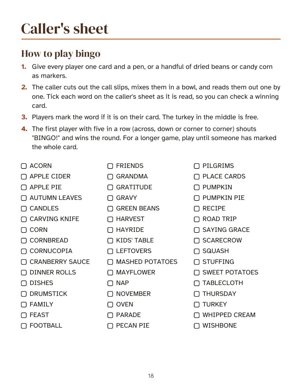 The caller's sheet: how to play, and the words to tick off: page 18 of Thanksgiving games for the whole family: bingo with 30 cards, quiz and thankful cards