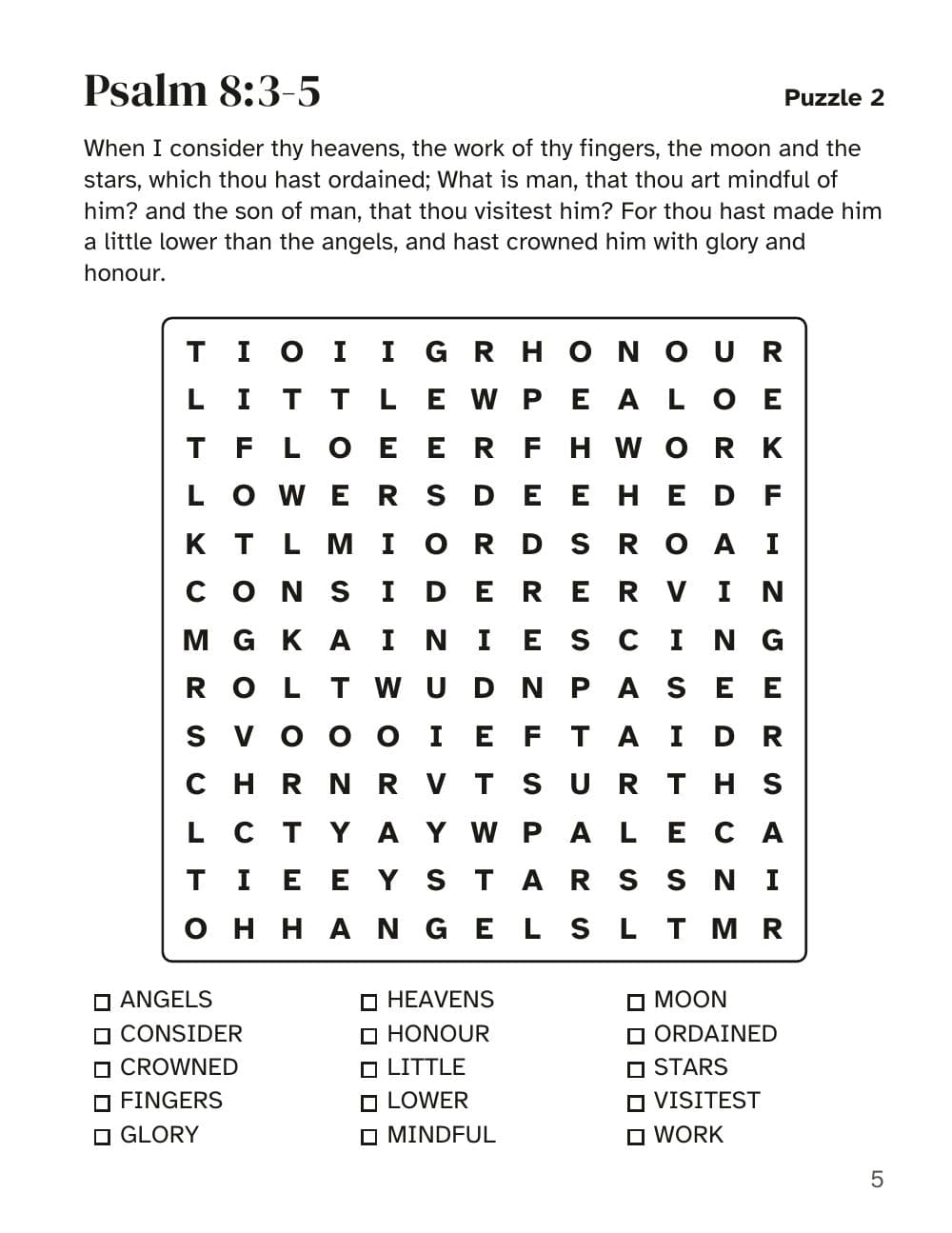 Puzzle 2: Psalm 8:3-5: page 5 of Bible word search in large print: 100 puzzles on King James passages