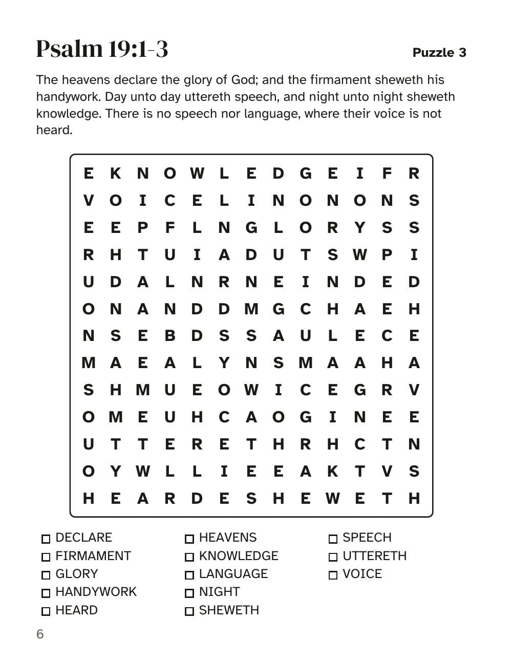 Puzzle 3: Psalm 19:1-3: page 6 of Bible word search in large print: 100 puzzles on King James passages