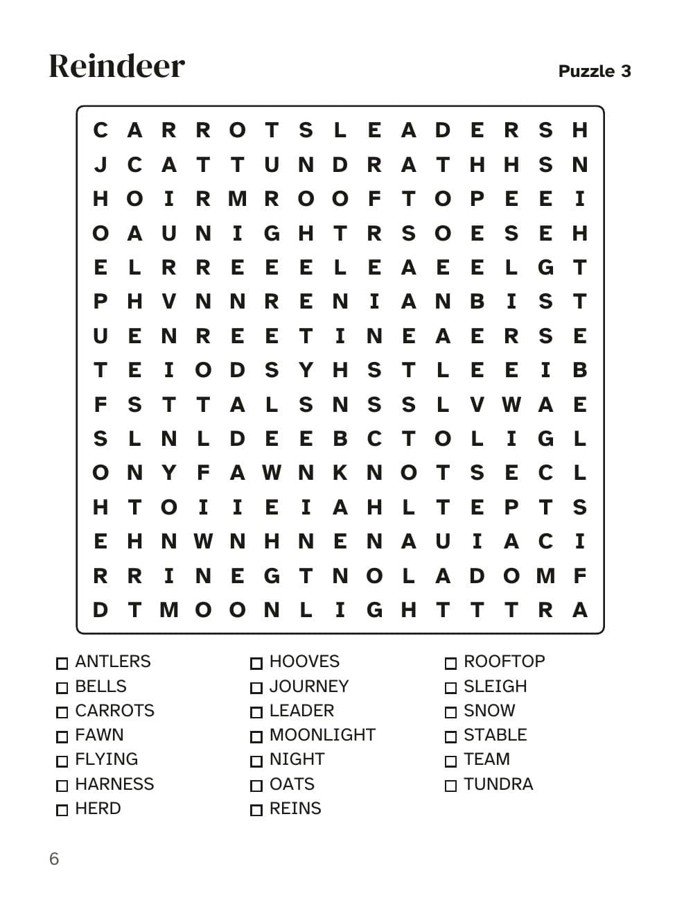 Grille 3 : les rennes : page 6 de Mots mêlés de Noël en gros caractères : 100 grilles, 2 000 mots (en anglais)