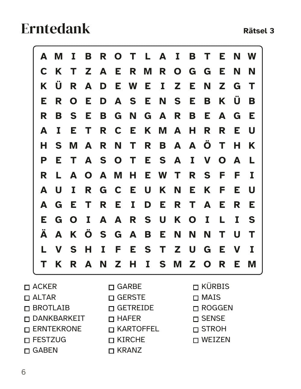 Grille 3 : Erntedank (la fête des récoltes) : page 6 de Mots mêlés automne et hiver pour seniors : 100 grilles en gros caractères (en allemand)
