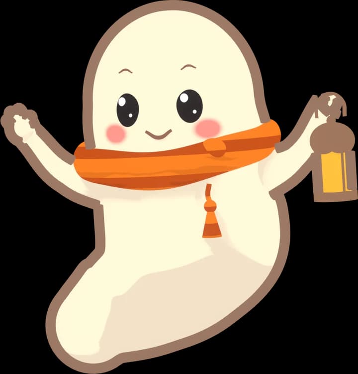 Pip, a little cream-coloured ghost with an orange scarf, waving and holding a lantern
