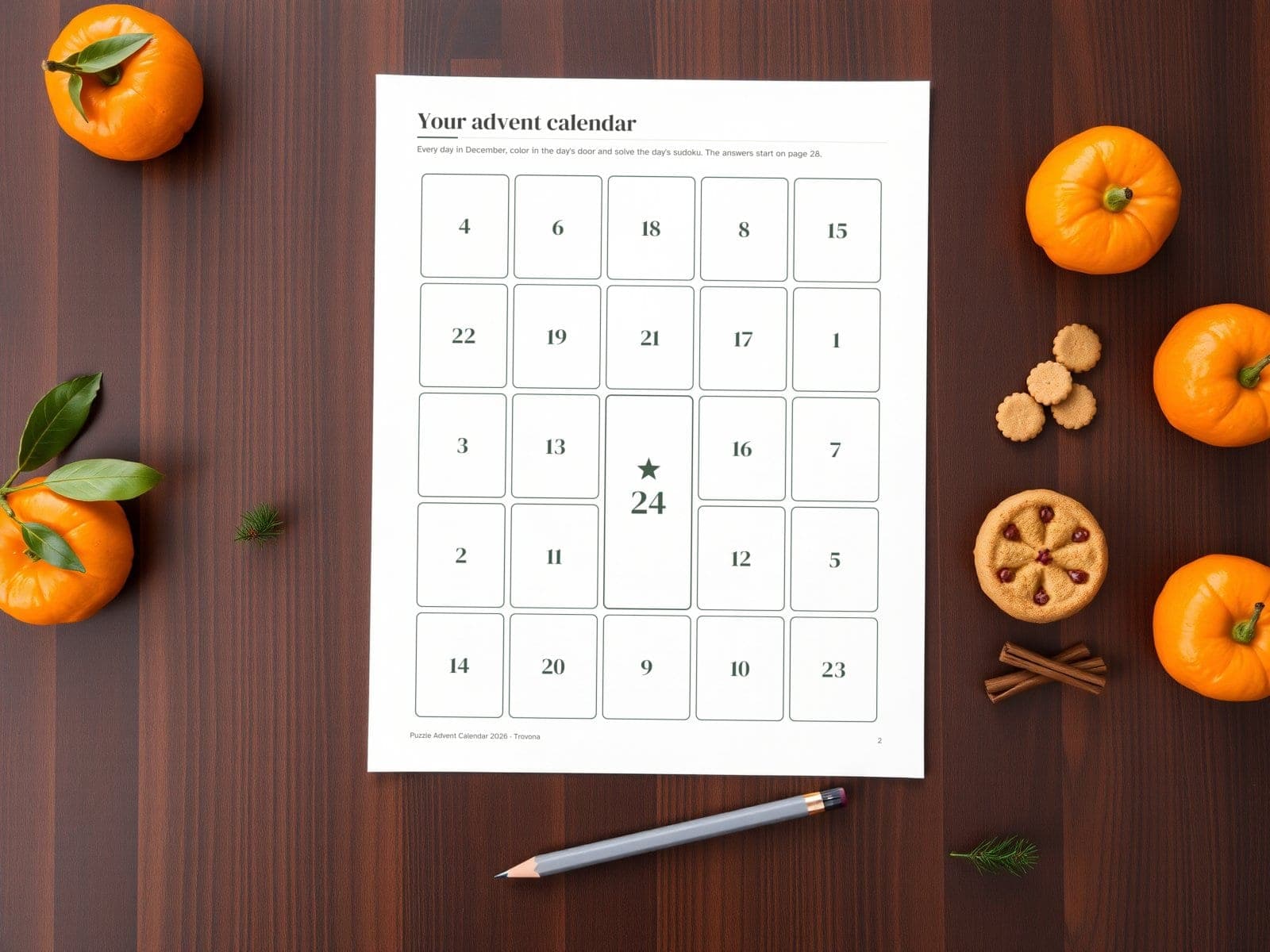 Die Seite ausgedruckt, von oben gesehen: der Adventskalender mit 24 Türchen zum Ausmalen