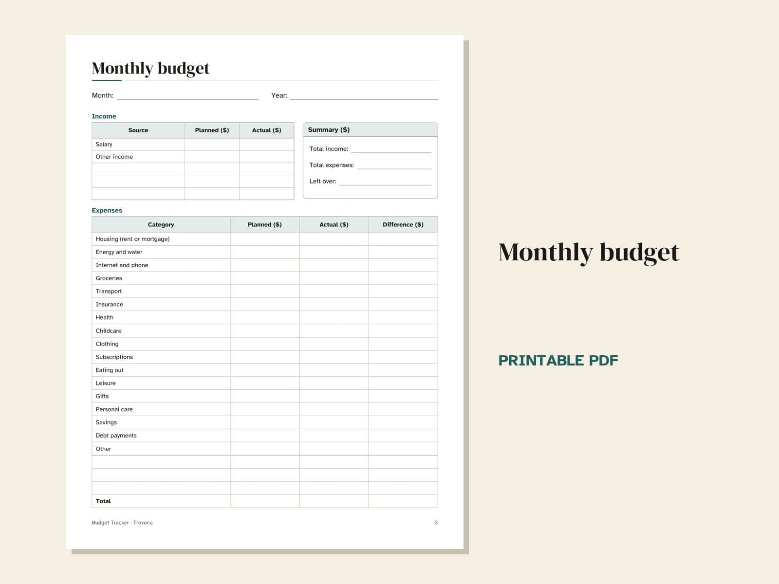 A page from the PDF: the monthly budget