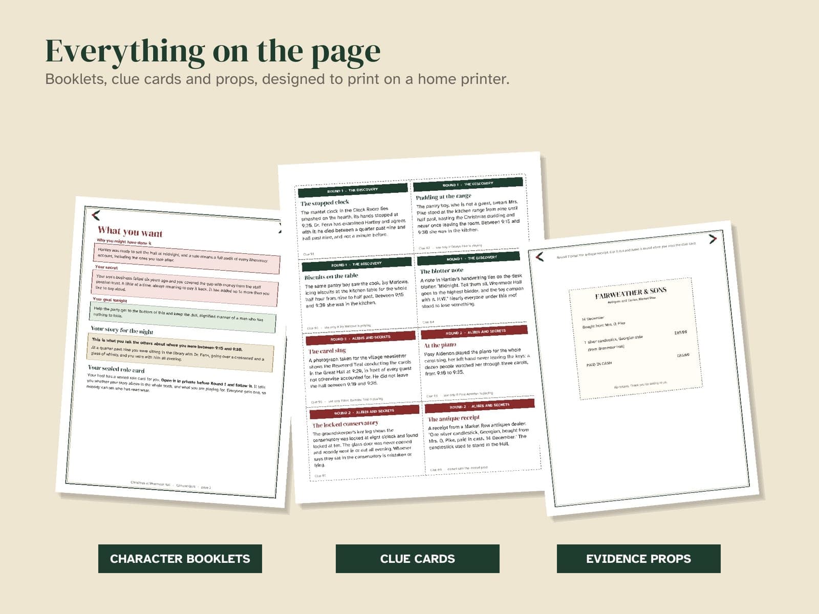 Pages from inside the game pack: Christmas murder mystery game for 6 to 12 players: Wrenmoor Hall