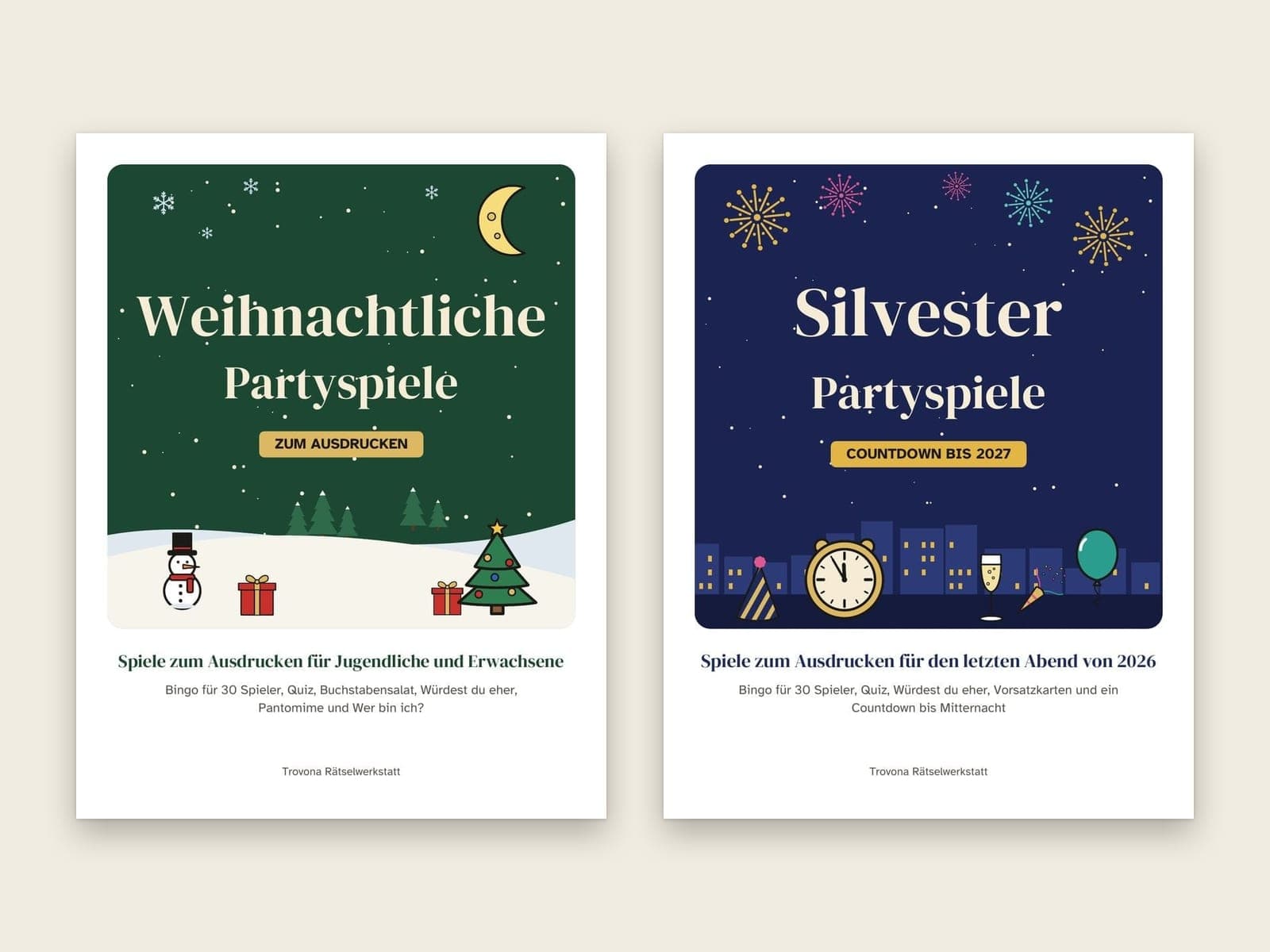 De voorkanten van de 2 pakketten in de bundel: Kerstspellen voor tieners en volwassenen en Oudejaarsspellen