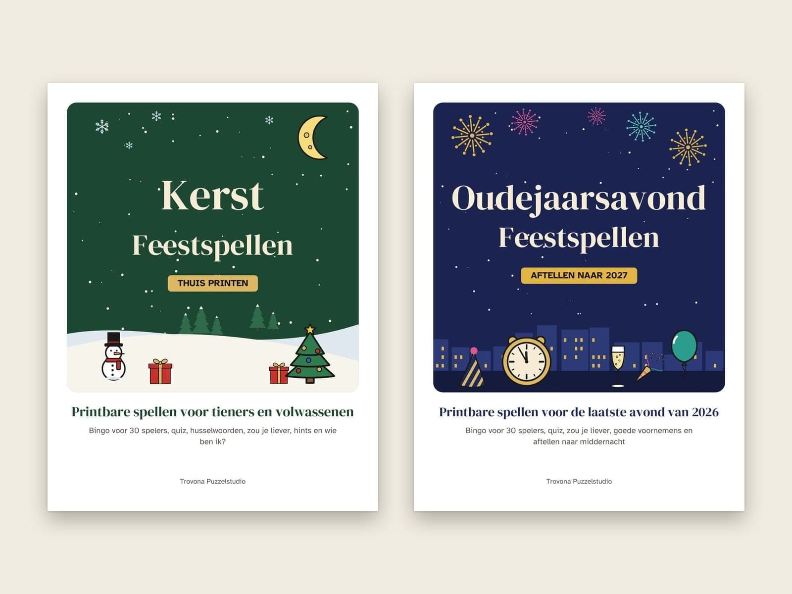 Die Titelseiten der 2 Pakete im Set: Weihnachtliche Partyspiele für Jugendliche und Erwachsene und Silvester-Partyspiele