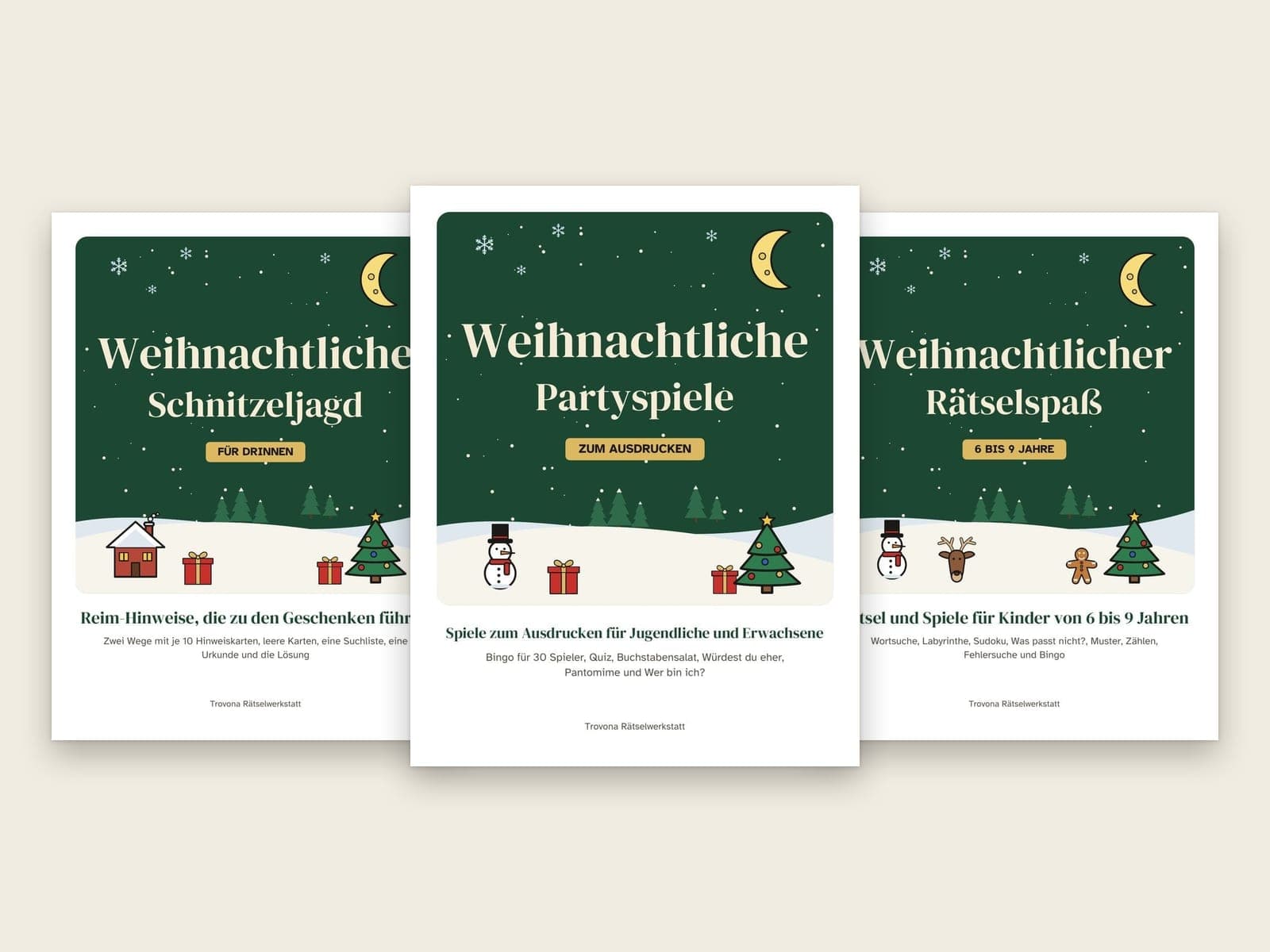 Die Titelseiten der 3 Pakete im Set: Weihnachtliche Partyspiele für Jugendliche und Erwachsene, Weihnachtliche Schnitzeljagd für Kinder und Weihnachts-Rätselheft für Kinder von 6 bis 9 Jahren