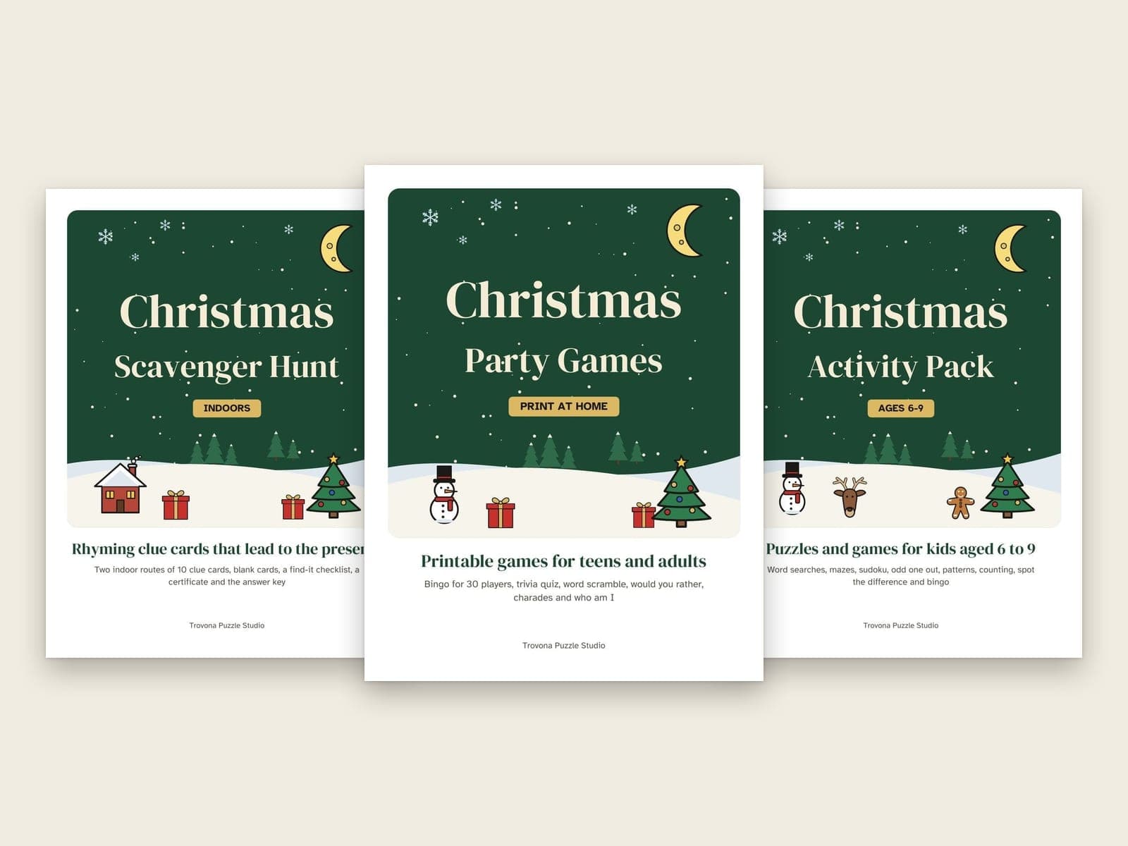 Die Titelseiten der 3 Pakete im Set: Weihnachtliche Partyspiele für Jugendliche und Erwachsene, Weihnachtliche Schnitzeljagd für Kinder und Weihnachts-Rätselheft für Kinder von 6 bis 9 Jahren