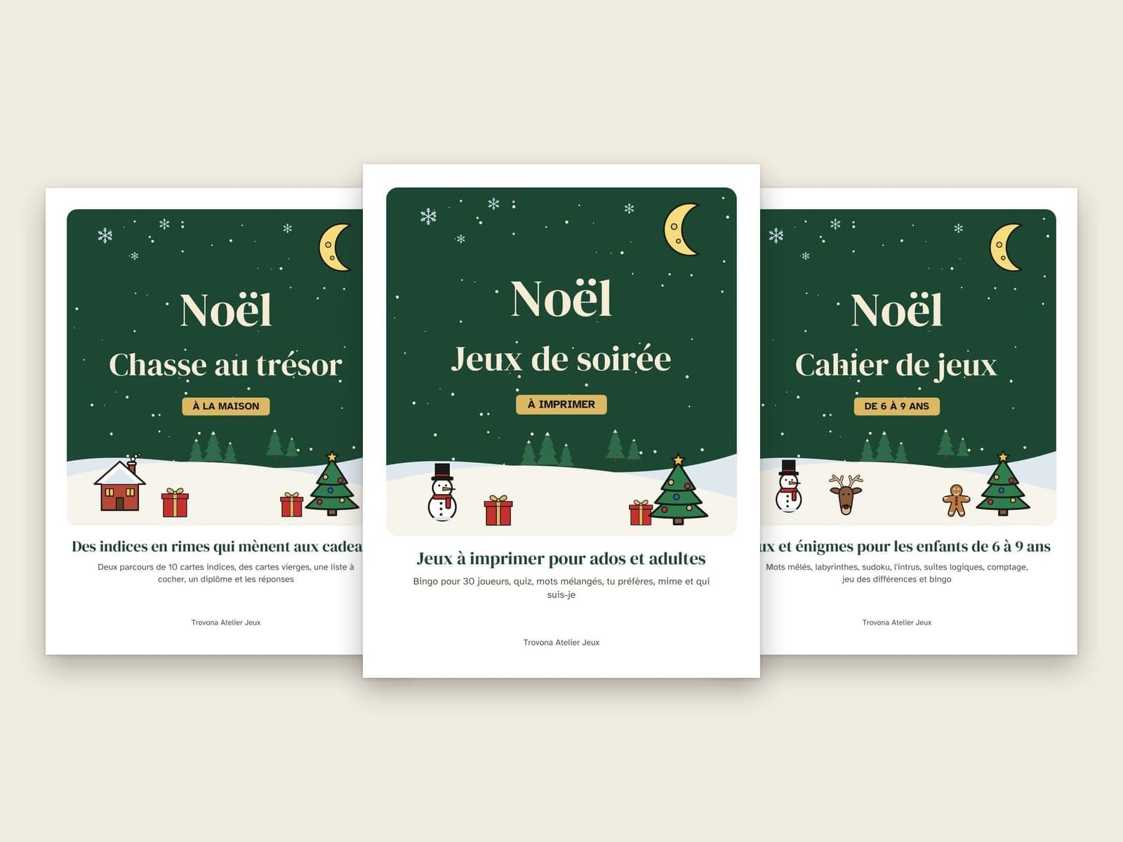 Die Titelseiten der 3 Pakete im Set: Weihnachtliche Partyspiele für Jugendliche und Erwachsene, Weihnachtliche Schnitzeljagd für Kinder und Weihnachts-Rätselheft für Kinder von 6 bis 9 Jahren