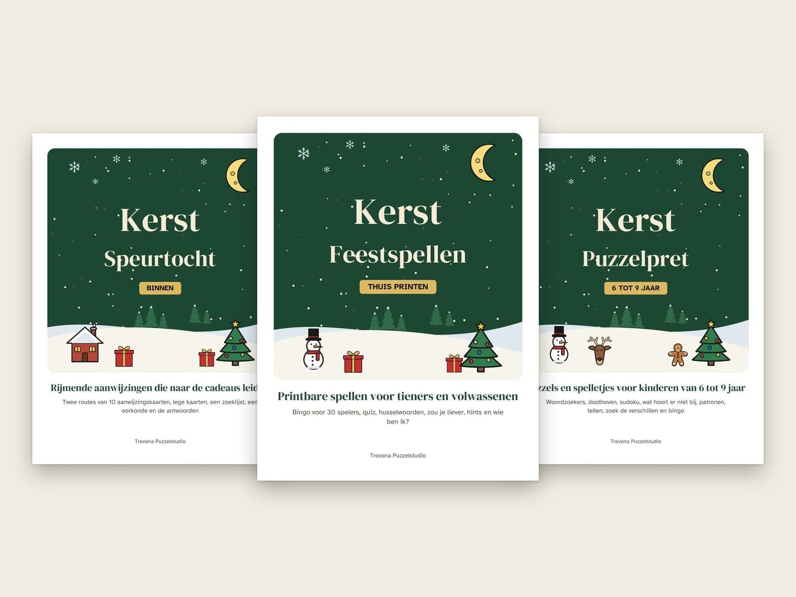 Die Titelseiten der 3 Pakete im Set: Weihnachtliche Partyspiele für Jugendliche und Erwachsene, Weihnachtliche Schnitzeljagd für Kinder und Weihnachts-Rätselheft für Kinder von 6 bis 9 Jahren