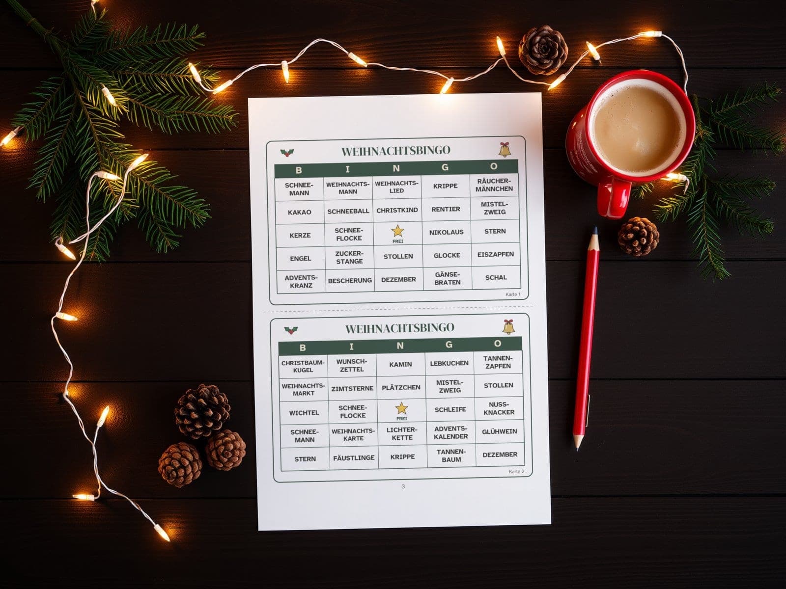 Die Seite ausgedruckt, von oben gesehen: zwei Weihnachts-Bingo-Karten