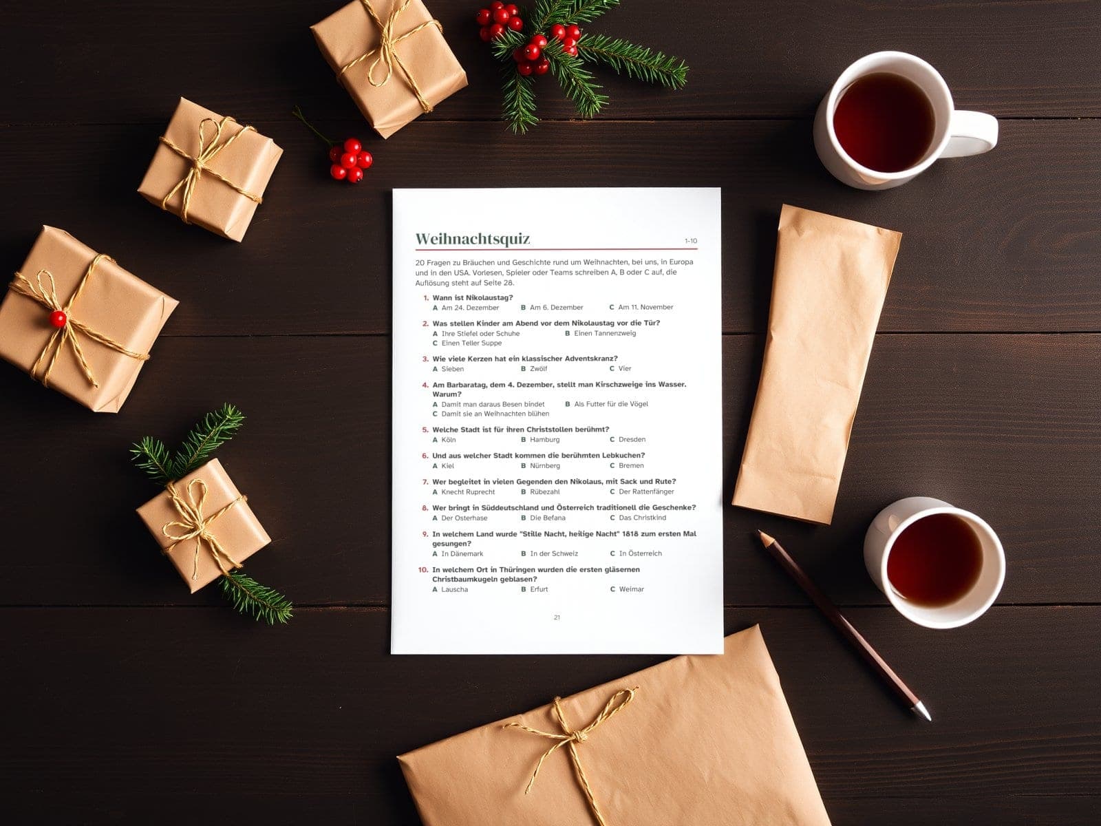 Die Seite ausgedruckt, von oben gesehen: das Weihnachtsquiz, Fragen 1 bis 10