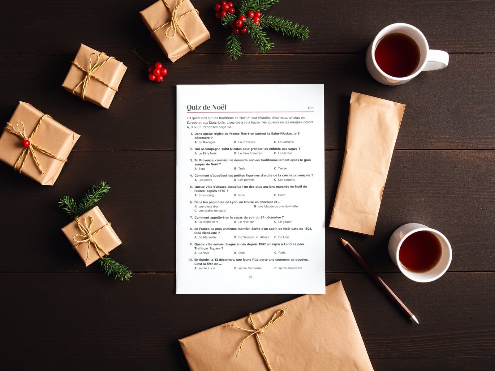 Die Seite ausgedruckt, von oben gesehen: das Weihnachtsquiz, Fragen 1 bis 10