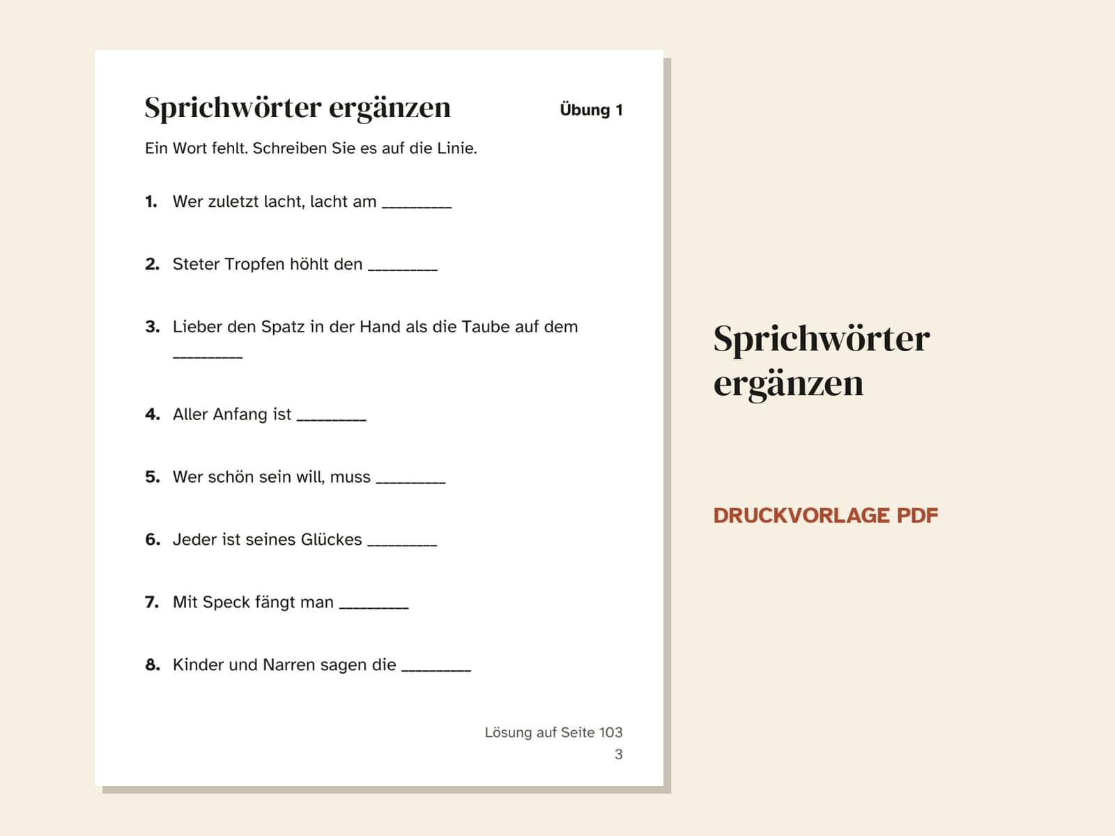 Eine Seite aus dem Heft: Sprichwörter ergänzen