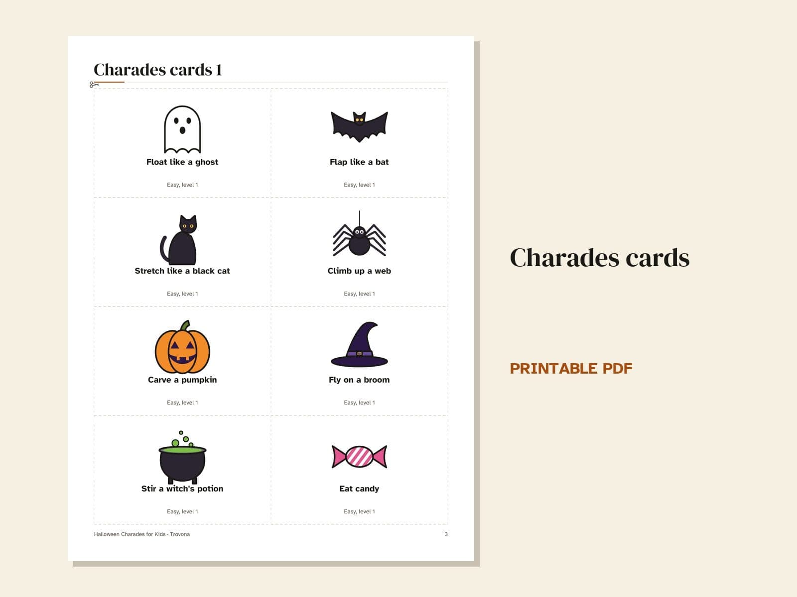 A page from the PDF: Halloween charades for kids: 40 picture cards