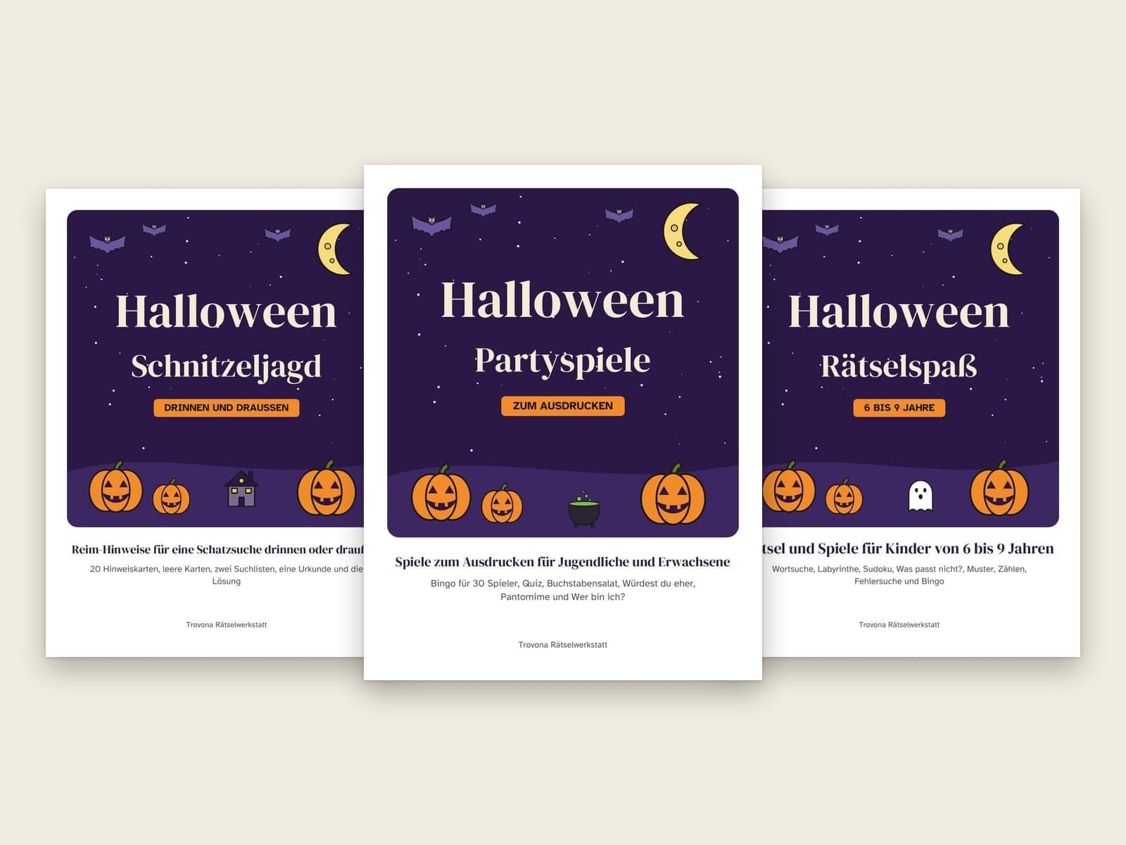 Die Titelseiten der 3 Pakete im Set: Halloween-Partyspiele für Jugendliche und Erwachsene, Halloween-Schatzsuche für Kinder und Halloween-Rätselheft für Kinder von 6 bis 9 Jahren