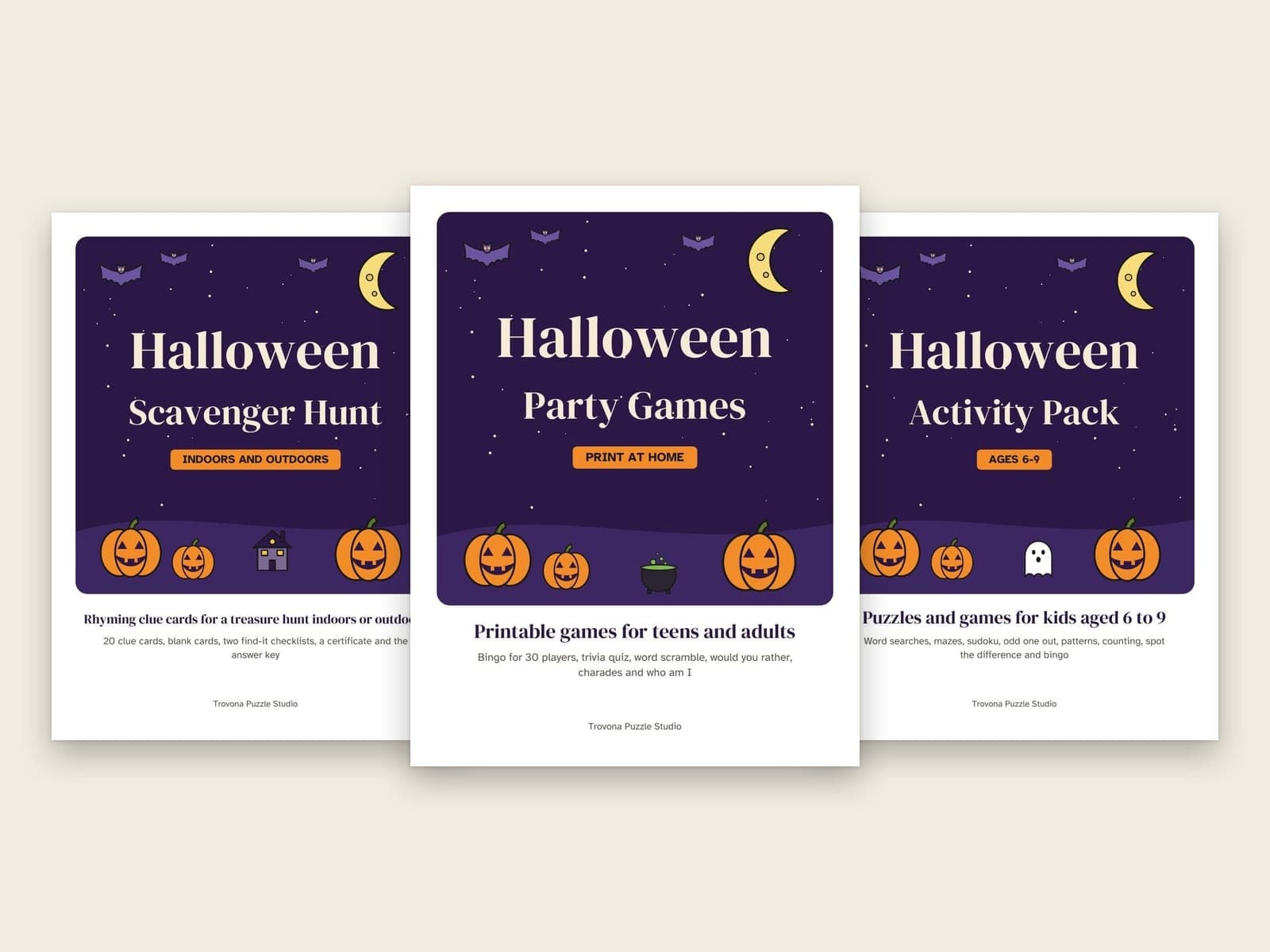 Die Titelseiten der 3 Pakete im Set: Halloween-Partyspiele für Jugendliche und Erwachsene, Halloween-Schatzsuche für Kinder und Halloween-Rätselheft für Kinder von 6 bis 9 Jahren
