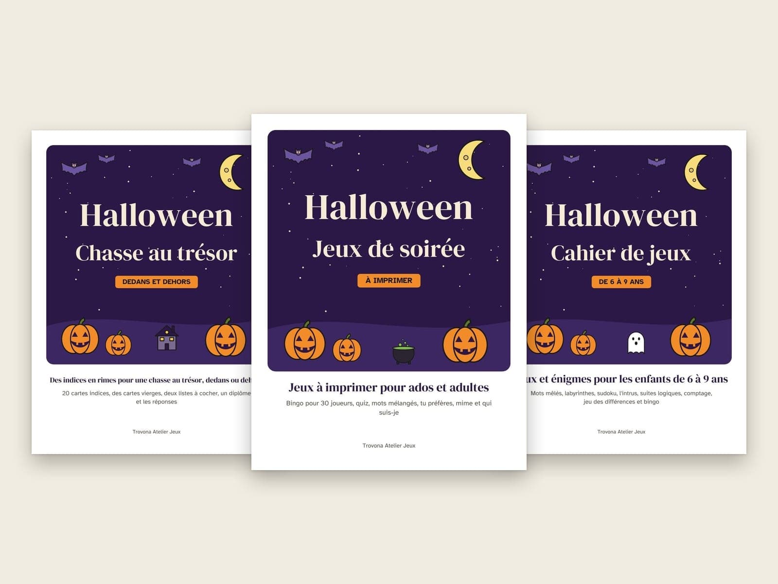Die Titelseiten der 3 Pakete im Set: Halloween-Partyspiele für Jugendliche und Erwachsene, Halloween-Schatzsuche für Kinder und Halloween-Rätselheft für Kinder von 6 bis 9 Jahren