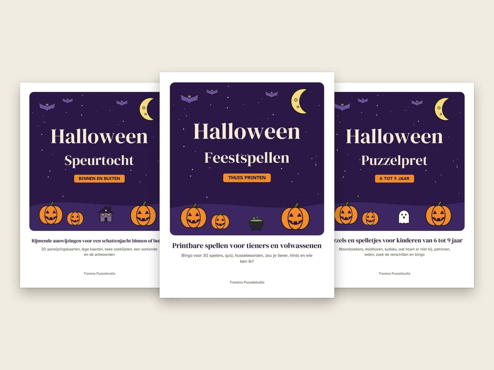Die Titelseiten der 3 Pakete im Set: Halloween-Partyspiele für Jugendliche und Erwachsene, Halloween-Schatzsuche für Kinder und Halloween-Rätselheft für Kinder von 6 bis 9 Jahren