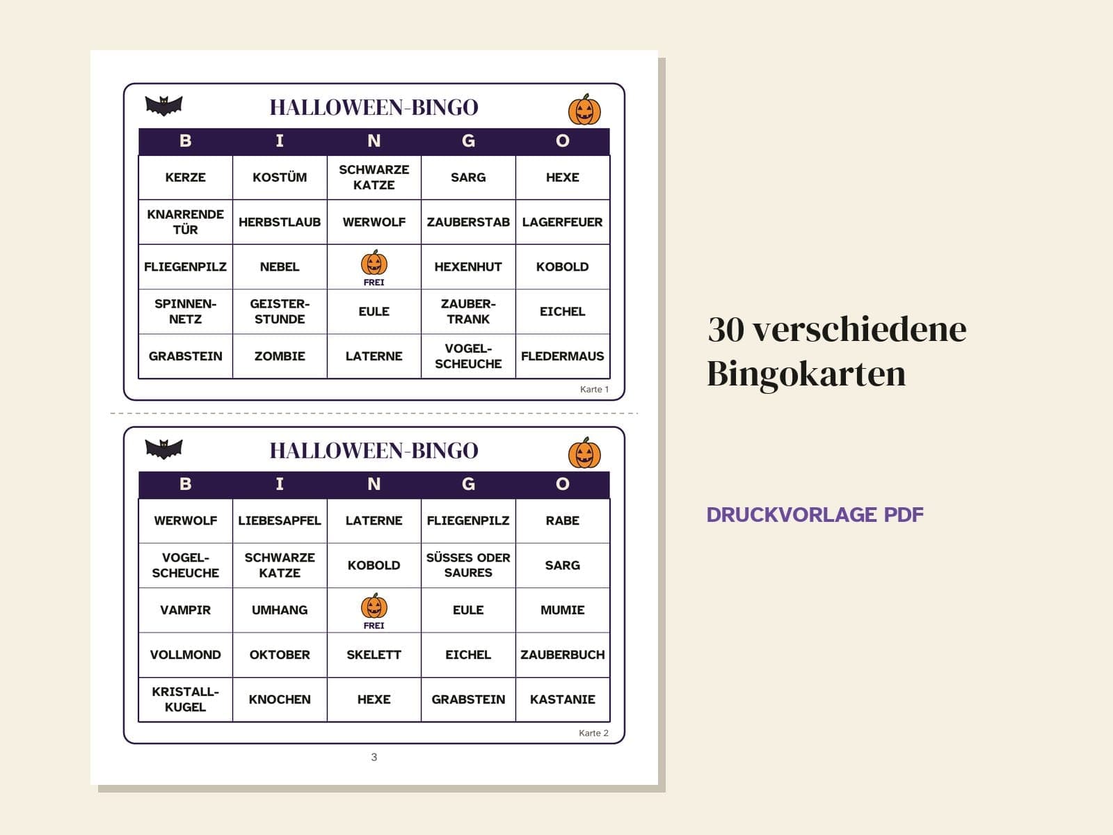 Eine Seite aus dem Heft: 30 verschiedene Bingokarten