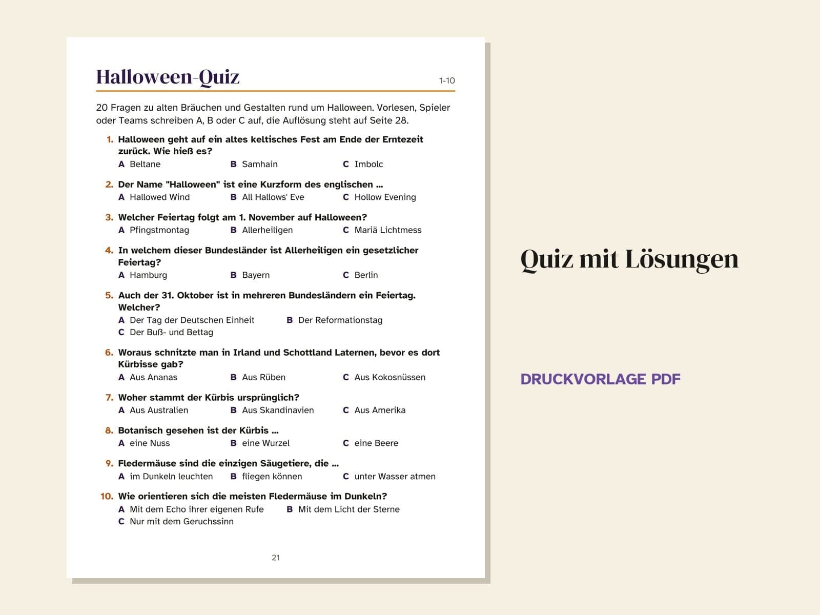 Eine Seite aus dem Heft: das Quiz mit Lösungen