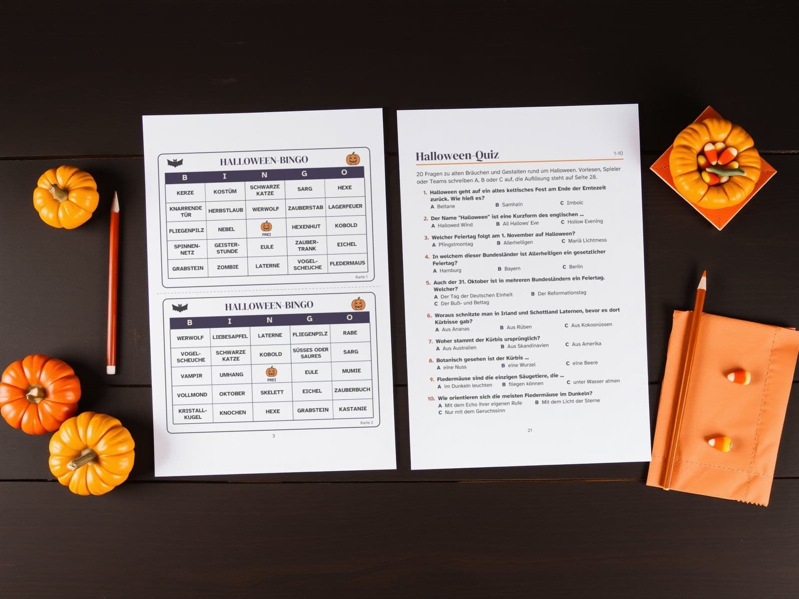 Zwei Seiten ausgedruckt, von oben gesehen: zwei Halloween-Bingo-Karten und das Halloween-Quiz, Fragen 1 bis 10
