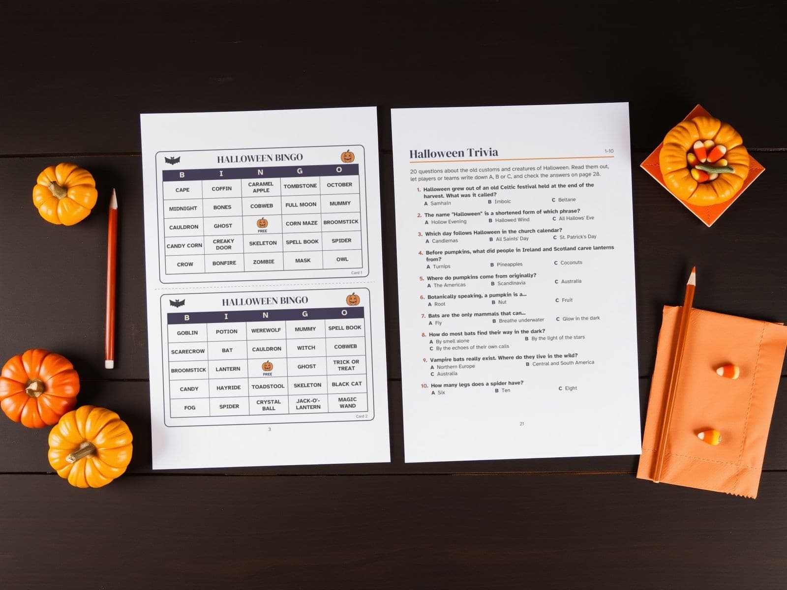 Zwei Seiten ausgedruckt, von oben gesehen: zwei Halloween-Bingo-Karten und das Halloween-Quiz, Fragen 1 bis 10