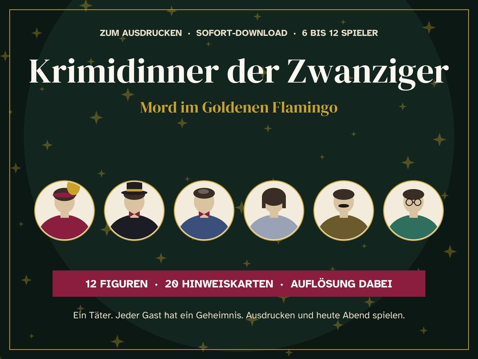 Title picture of the game pack: 1920s murder mystery dinner for 6 to 12 players: the Goldener Flamingo, Berlin 1927