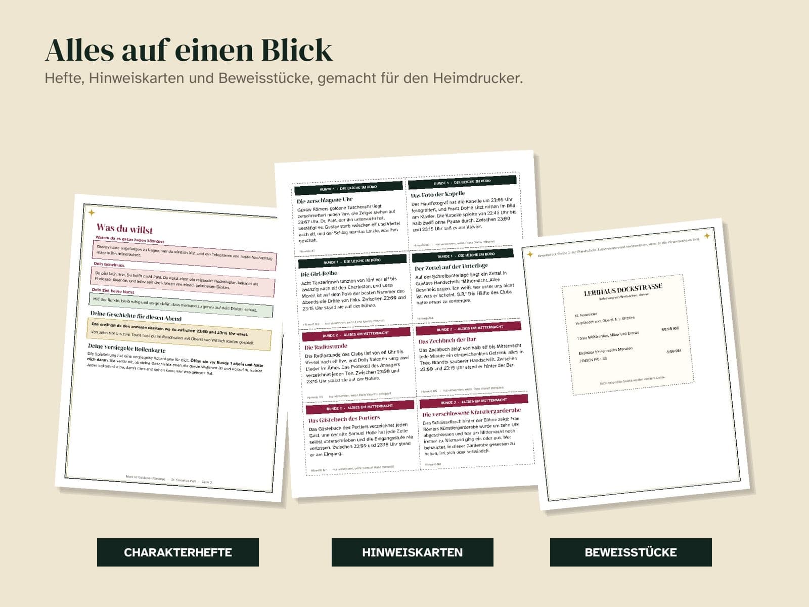 Pages from inside the game pack: 1920s murder mystery dinner for 6 to 12 players: the Goldener Flamingo, Berlin 1927
