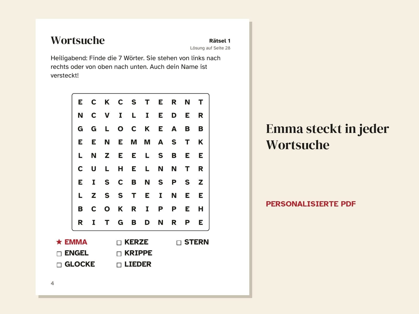 Eine Seite aus dem Beispiel: Emma steckt in jeder Wortsuche
