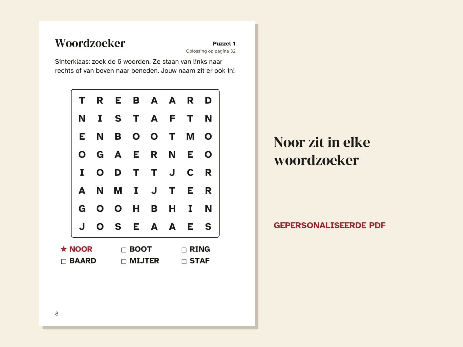 Een pagina uit het voorbeeld: Noor zit in elke woordzoeker