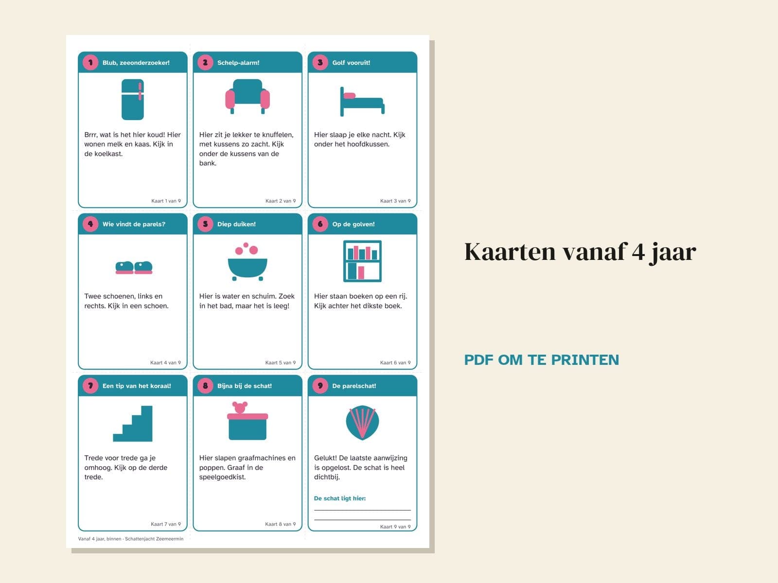 A page from the PDF: Mermaid treasure hunt for a kid's birthday: 36 clue cards, map and certificate