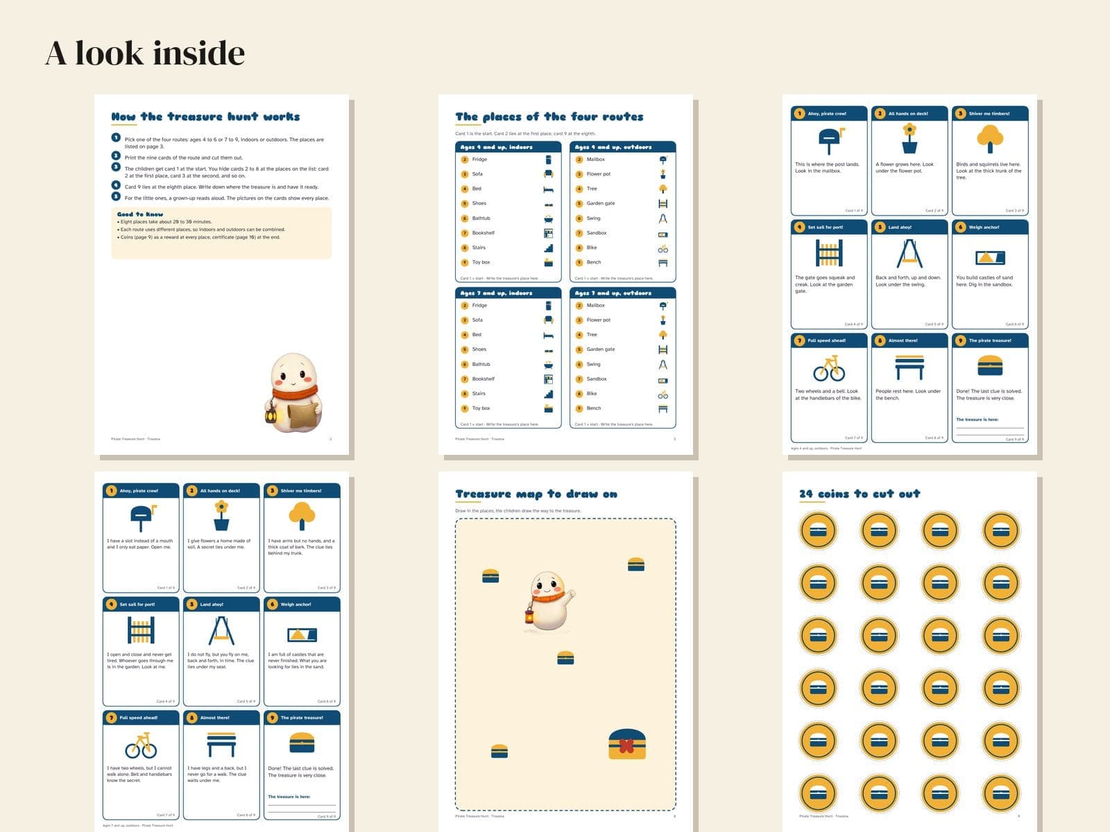 Pages from inside the PDF: Pirate treasure hunt for a kid's birthday: 36 clue cards, map and certificate