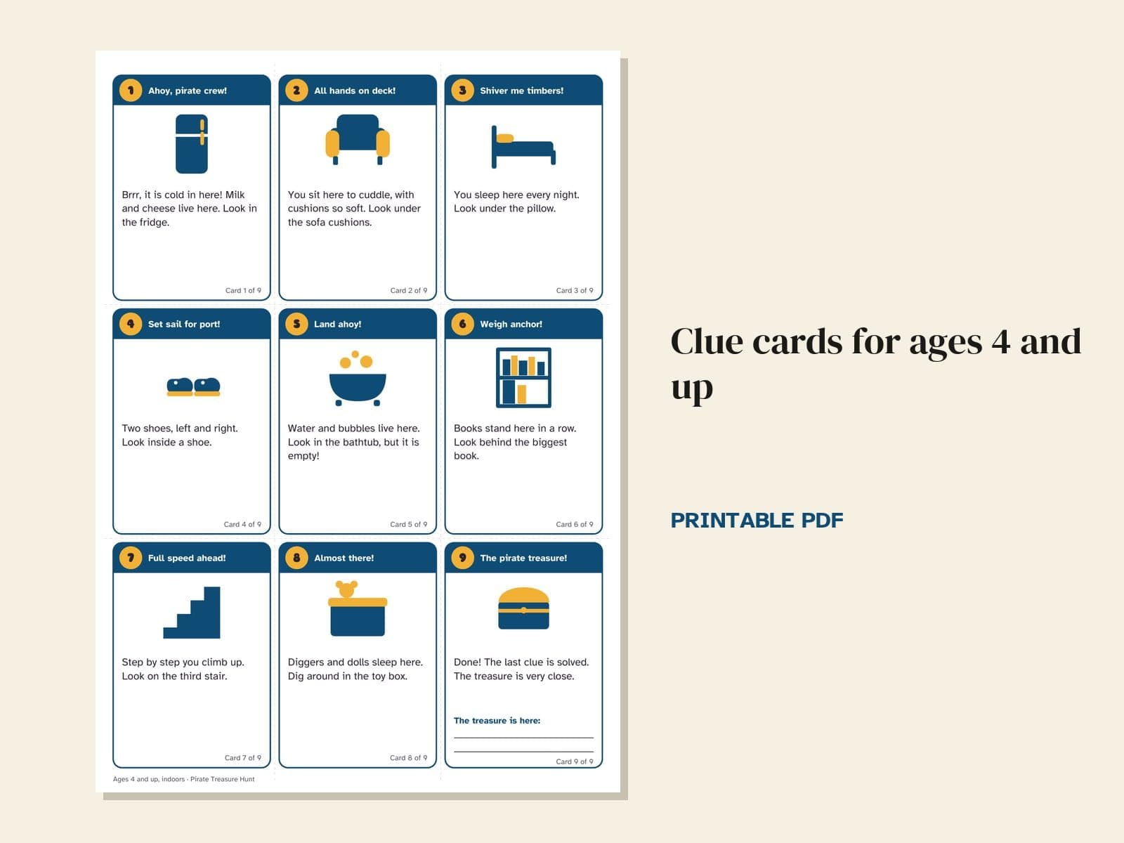 A page from the PDF: Pirate treasure hunt for a kid's birthday: 36 clue cards, map and certificate